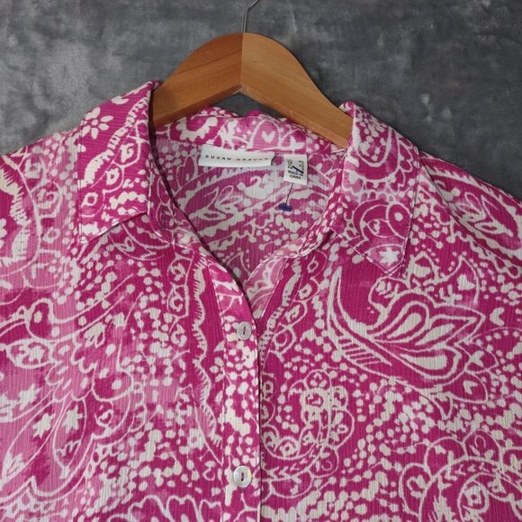 Susan Graver Women's XS Vibrant Pink & White Flowy Paisley Button Down T-Shirt - Picture 5 of 10